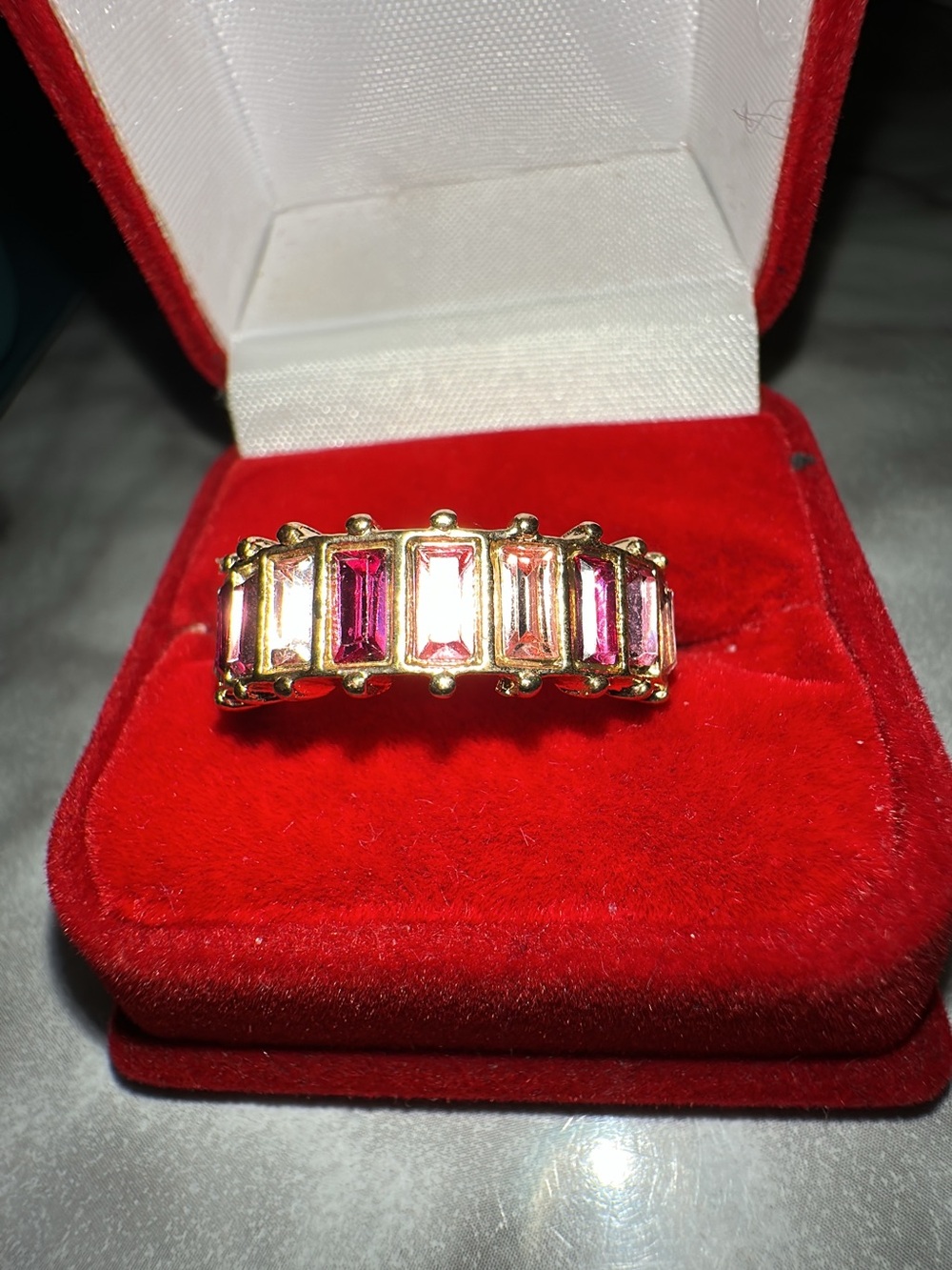 Gold Tone Pink Baguette Crystal Band Ring - Picture 2 of 5